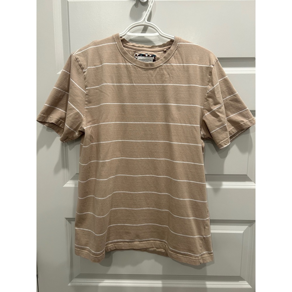 Denim & Flower T-Shirt Mens Medium Tan White Striped Short Sleeve Ricky Singh